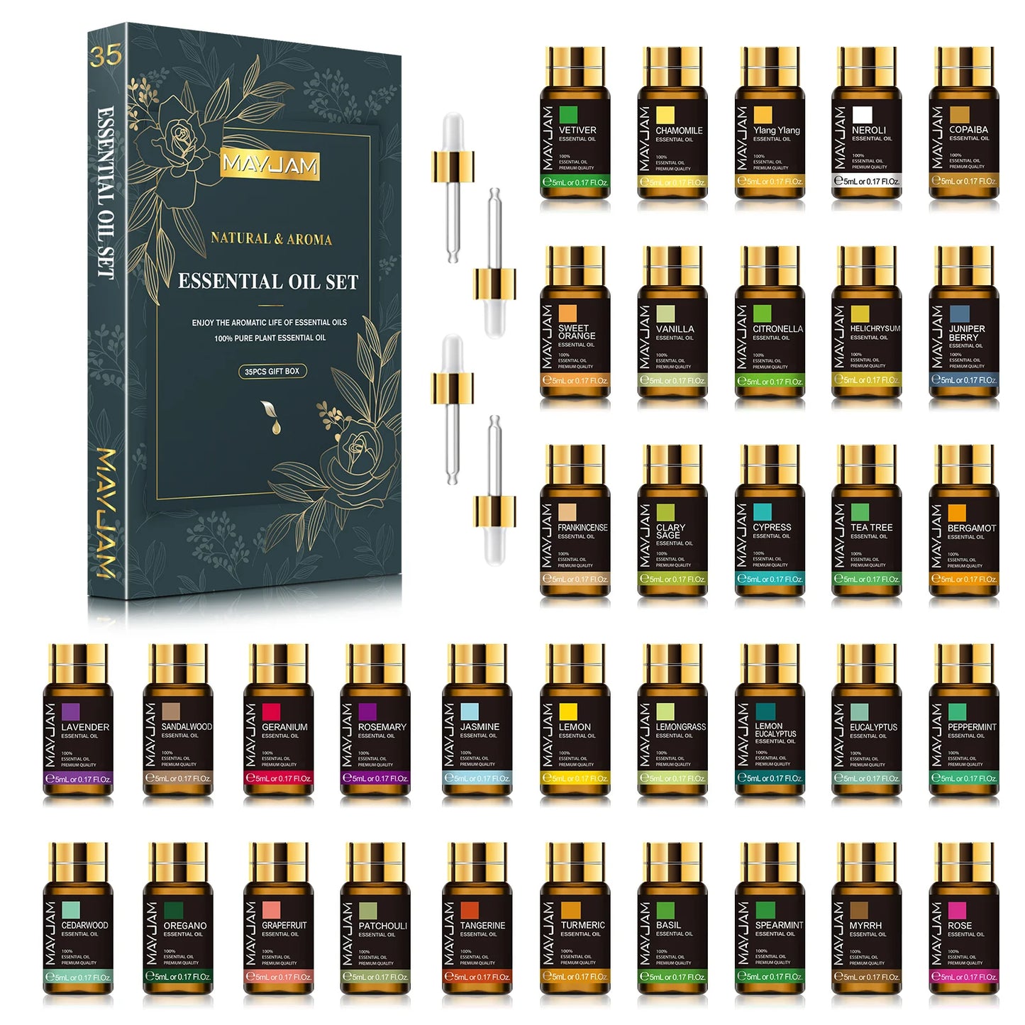 Coffret de 35 huiles essentielles 5 ml avec compte-goutte en box