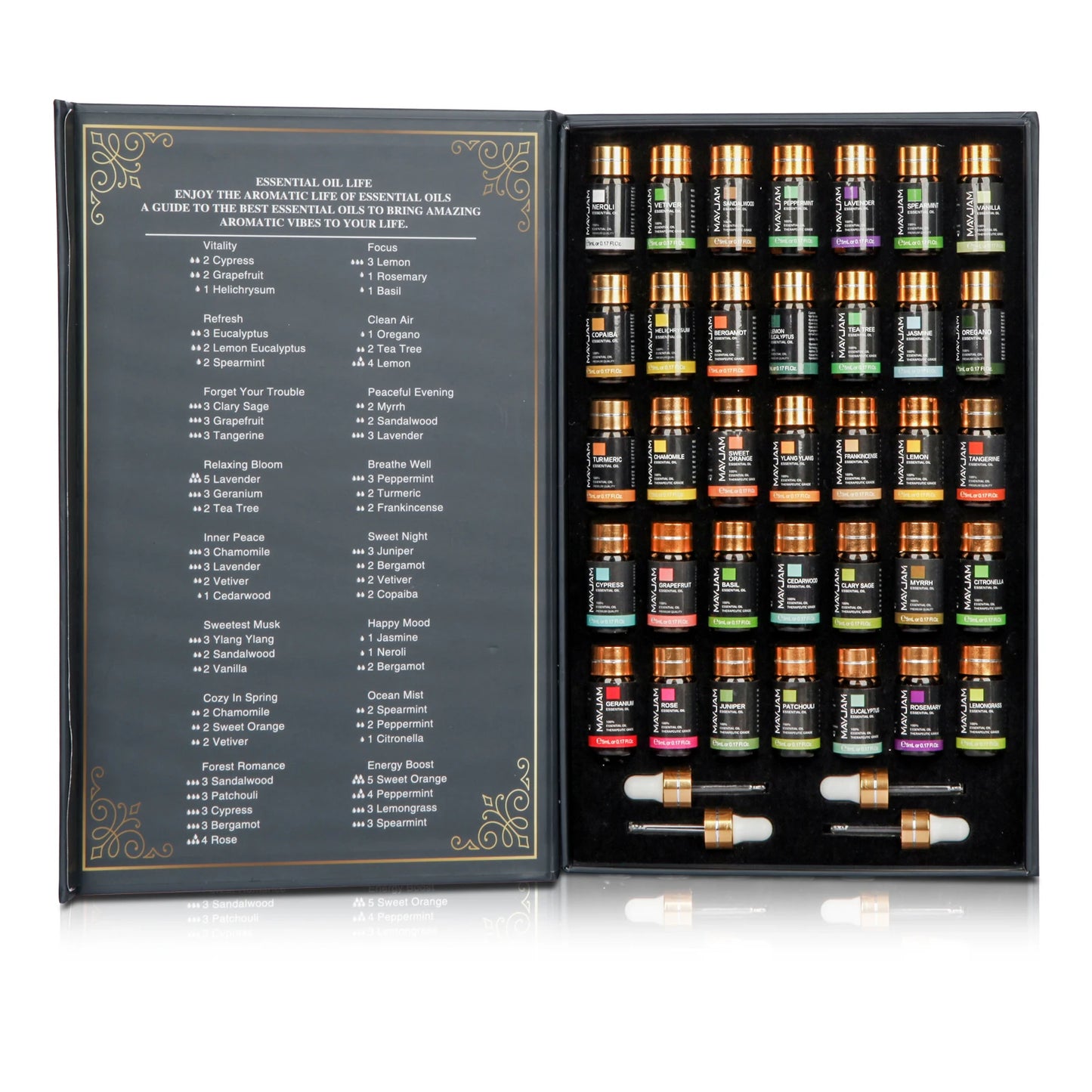 Coffret de 35 huiles essentielles 5 ml avec compte-goutte en box